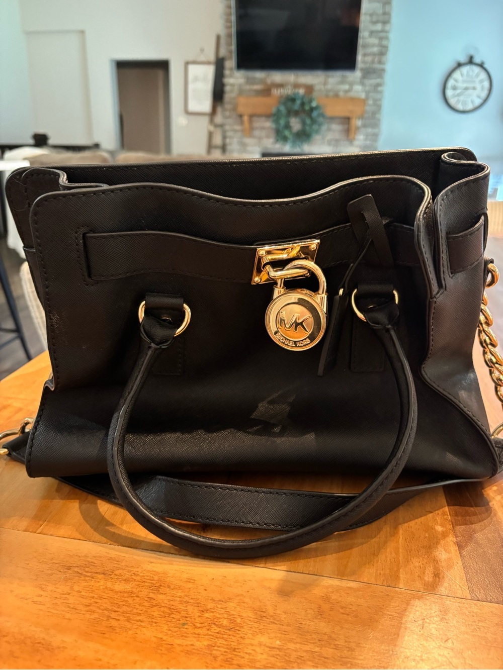 Michael Kors Black Saffiano Leather Satchel with Gold Accent Charm